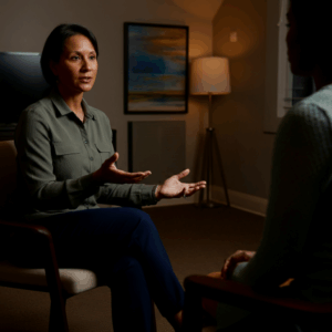 Een professionele therapeut die EMDR-therapie uitlegt aan een cliënt, met een warme en toegankelijke interactie.