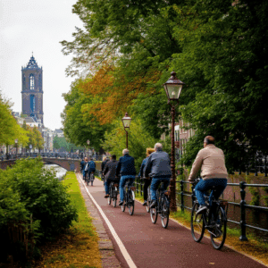 Een groep fietsers die een smal pad langs de singels in Utrecht navigeert, met historische gebouwen en bomen op de achtergrond.