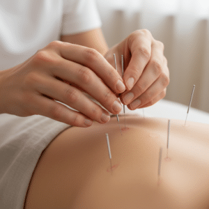 Close-up van een acupuncturist die zorgvuldig dunne naalden plaatst in de huid van een patiënt.