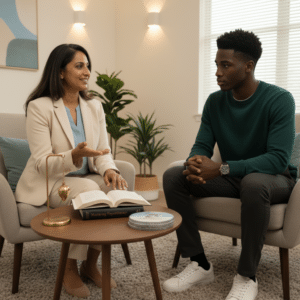 Een therapeut legt verschillende hypnotherapie-methoden uit aan een cliënt in een professionele en moderne setting.