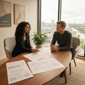 Een therapeut in Eindhoven legt verschillende hypnotherapie methoden uit aan een cliënt in een professionele en moderne setting.