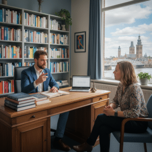 Een therapeut in Nijmegen legt verschillende hypnotherapie-methoden uit aan een cliënt in een professionele en moderne setting.