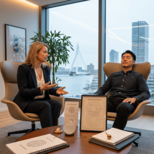 Een therapeut in Rotterdam legt verschillende hypnotherapie-methoden uit aan een cliënt in een professionele en moderne setting.