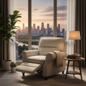 Een comfortabele therapie stoel in een moderne ruimte met een groot raam dat uitzicht biedt op een rustige stad, wat balans en introspectie symboliseert.