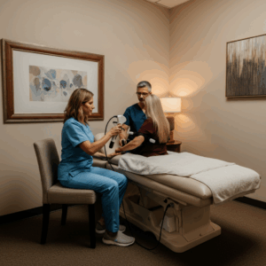 Een professionele weergave van een therapie met bilaterale stimulatie, gericht op het verwerken van trauma in een neutrale en klinische omgeving.