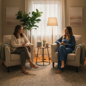Twee vrouwen in een warme, uitnodigende ruimte, waarbij één vrouw als therapeut aantekeningen maakt terwijl de ander spreekt, wat een individuele therapiesessie suggereert.