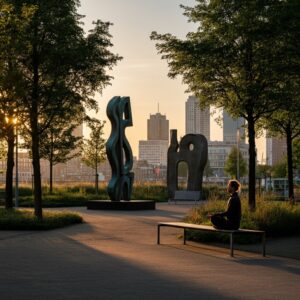 Meditatie in een park in Rotterdam, een moment van rust en balans te midden van de stedelijke omgeving.