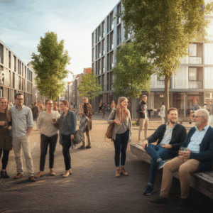 Groep mensen in een stedelijke omgeving, passend bij hoe je lichaam anders aanvoelt na een overgang.