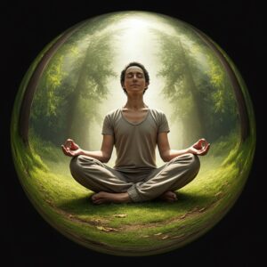 Afbeelding van een persoon die mediteert in een bosrijke omgeving, symbool voor innerlijke rust en lichaamsbewustzijn.
