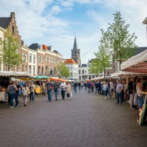 Een levendig marktplein in Breda dat mentale balans en sociale harmonie symboliseert, passend bij de unieke sfeer van de stad.