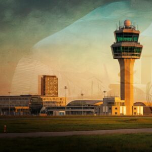 Een artistieke weergave van een control tower op een luchthaven, symbool voor een therapeut die overzicht en begeleiding biedt, passend bij mentale helderheid.