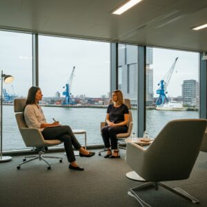 Therapiesessie in Rotterdam met uitzicht op de haven, gericht op het optimaliseren van mentale processen en persoonlijke groei.