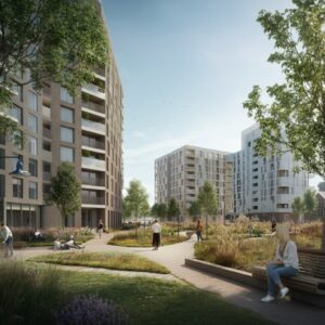 Een realistische weergave van Lelystad met moderne woongebouwen, groene ruimtes en mensen die genieten van mentale ruimte in Lelystad, passend bij persoonlijke ontwikkeling en balans.