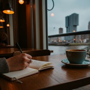 Journaling in een gezellig café in Rotterdam, een moment van introspectie en het creëren van mentale ruimte.