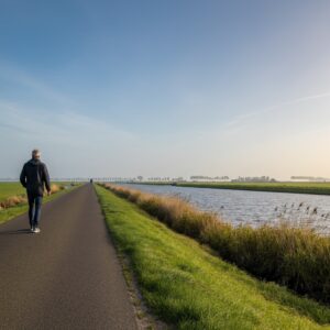 Een man die langs een kanaal in een uitgestrekt polderlandschap wandelt, symbool voor mentale rust en helderheid.