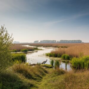 Een serene weergave van de Oostvaardersplassen in Lelystad, met een focus op natuur, mentale rust en persoonlijke ontwikkeling.