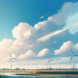 Een artistieke weergave van open luchten en wind in Lelystad, symbool voor mentale ruimte en de moderne structuur van de stad.