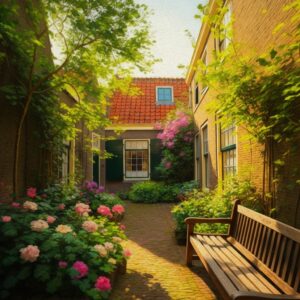 Een schilderachtige binnenplaats in Breda met groene planten en historische gebouwen, symbool voor de rust en balans die een orthomoleculair therapeut in Breda kan ondersteunen.
