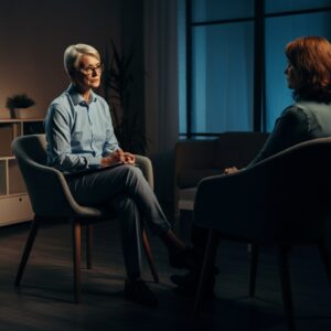 Een fotorealistische weergave van een één-op-één therapiesessie, met een therapeut die aandachtig luistert naar een cliënt in een rustige, professionele omgeving.