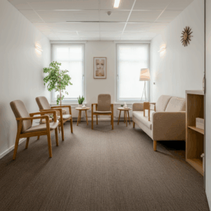 Een professionele weergave van een therapieruimte in Rotterdam, met een rustige en neutrale sfeer die geschikt is voor traumaverwerking.