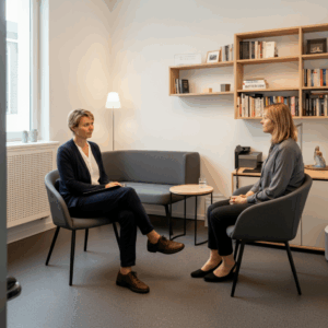 Een professionele weergave van een therapie gericht op de reconsolidatie van traumatische herinneringen in een neutrale en klinische setting.