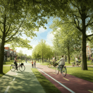 Een schilderachtig fietspad in Lunetten, omgeven door groene natuur en een rustige woonomgeving.