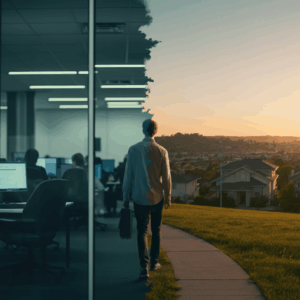 Afbeelding van een persoon die een overgangsmoment ervaart, zoals van werk naar thuis, met focus op de fysieke en emotionele reacties tijdens schakelmomenten in Haptotherapie Breda.