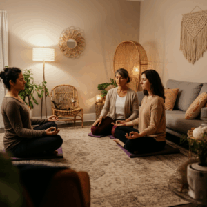 Een fotorealistische weergave van een geleide meditatiesessie, met een groep mensen in een warme, serene ruimte, symboliserend rust en spirituele verbinding.