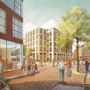 Een levendige illustratie van een modern stedelijk straatbeeld op het Raadhuisplein, met mensen die fietsen, wandelen en genieten van de gemeenschap, symbool voor stedelijke verbinding.