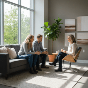 Conceptuele afbeelding van communicatie in relaties, met abstracte figuren en een verbindende draad.