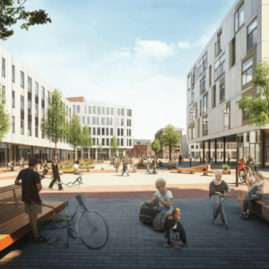 Een artistieke weergave van het Kadeplein in Roosendaal, met een open ruimte die uitnodigt tot reflectie.