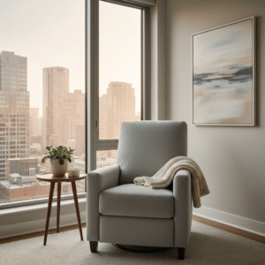 Een serene therapieruimte met een comfortabele stoel en een groot raam dat uitzicht biedt op een rustige stad, ideaal voor introspectie.