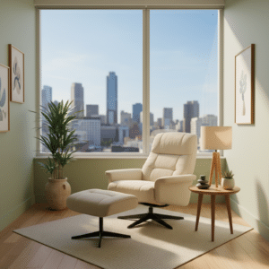 Een serene therapieruimte in Eindhoven met een comfortabele stoel en een groot raam dat uitzicht biedt op een rustige stad, ideaal voor introspectie.