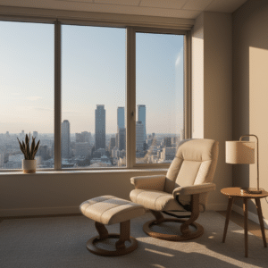 Een serene therapieruimte in Utrecht met een comfortabele stoel en een groot raam dat uitzicht biedt op een rustige stad.