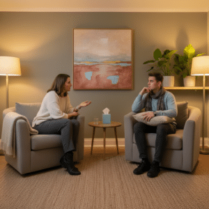 Een rustige en professionele setting voor een therapiesessie, met een therapeut en cliënt in een comfortabele en privé omgeving.