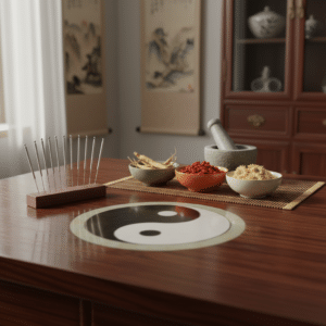 Traditionele Chinese geneeskunde met acupunctuurnaalden, kruiden en een yin-yang symbool op een houten tafel.