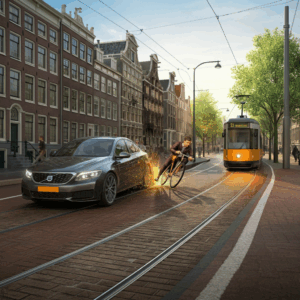 Illustratie van een verkeersincident op de Overtoom, gericht op het identificeren van triggers en doelherinneringen.