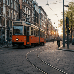 Visualisatie van Amsterdamse triggers zoals trams, fietsbelgeluiden en drukke straten.