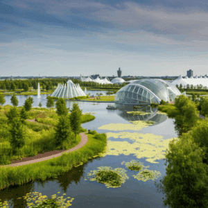 Een schilderachtig beeld van het Floriade-terrein in Almere, met een mix van natuur en moderne elementen.