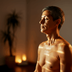 Persoon met gesloten ogen en subtiele lichtaccenten, passend bij de voelbare verschuiving van focus.