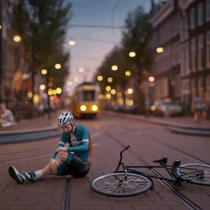 Fietser herstelt na een ongeluk in het centrum van Amsterdam, met nadruk op verwerking onder werkgeheugenbelasting.