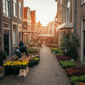 Een sfeervolle afbeelding van de Bloemenmarkt in Roosendaal, met bloemenstalletjes en een intieme sfeer.