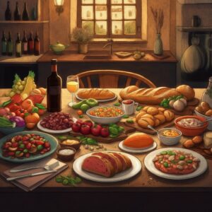 Een rustieke tafel vol verse, kleurrijke gerechten en lokale lekkernijen, symbool voor vitaliteit en genieten in de Bourgondische sfeer van Breda.