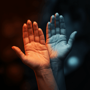 Close-up van handen met temperatuurverschillen, symbool voor het bewust ervaren van voelruimte en subtiele lichamelijke reacties in Haptotherapie Breda.