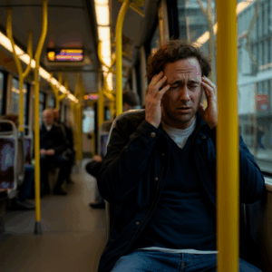 Een professionele weergave van een persoon in het openbaar vervoer in Rotterdam, die symptomen van hyperarousal ervaart.