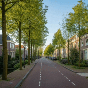 Een rustige straat in de wijk Oog in Al, met groene bomen en charmante bakstenen huizen langs een kanaal.