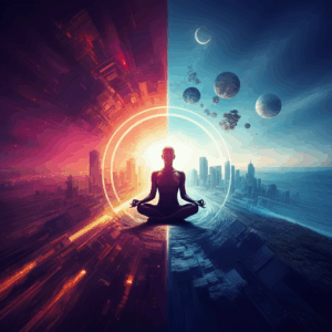 Een conceptuele afbeelding die het contrast toont tussen een drukke omgeving en een kalme innerlijke staat, symbool voor balans en bewustwording.