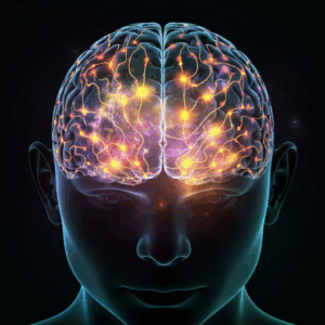 Conceptuele afbeelding van een menselijk brein met geaccentueerde neurale paden, die de verwerking van herinneringen tijdens EMDR.