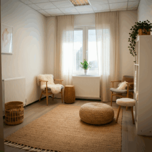 Een rustige therapieruimte in Schoonhoven, ontworpen met een minimalistische en uitnodigende esthetiek, die een veilige ruimte voor haptotherapie weerspiegelt.