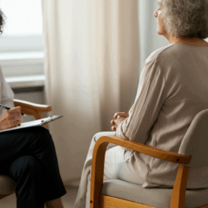 Een serene afbeelding van een persoon in een therapiesessie, met een therapeut op de achtergrond die een ondersteunende rol speelt.